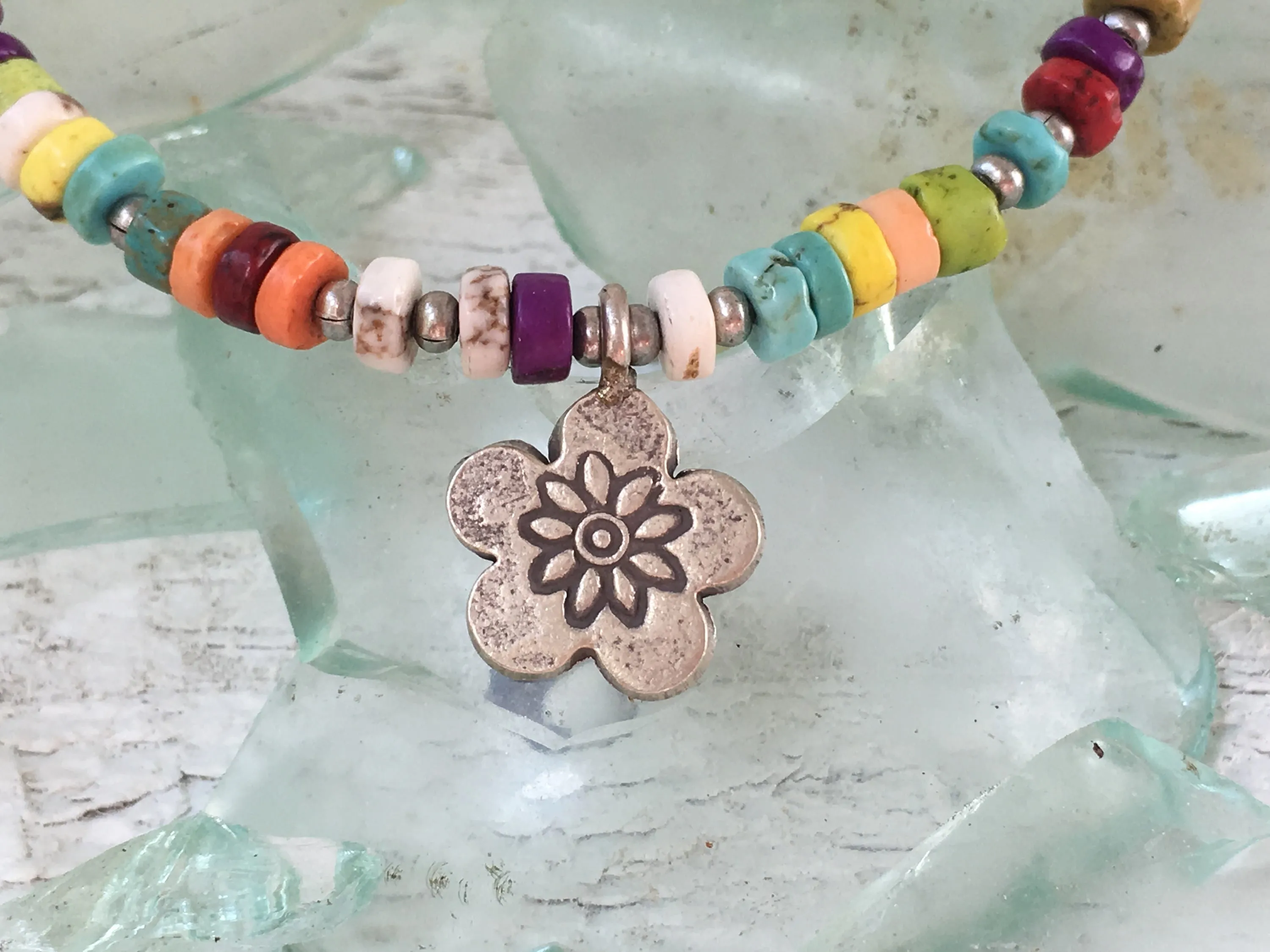 Rainbow Turquoise Bracelet - Silver Flower Charm - Turquoise Bracelet - Colored Turquoise Bracelet - Turquoise Jewelry - Rainbow Bracelet