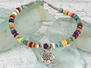 Rainbow Turquoise Bracelet - Silver Flower Charm - Turquoise Bracelet - Colored Turquoise Bracelet - Turquoise Jewelry - Rainbow Bracelet