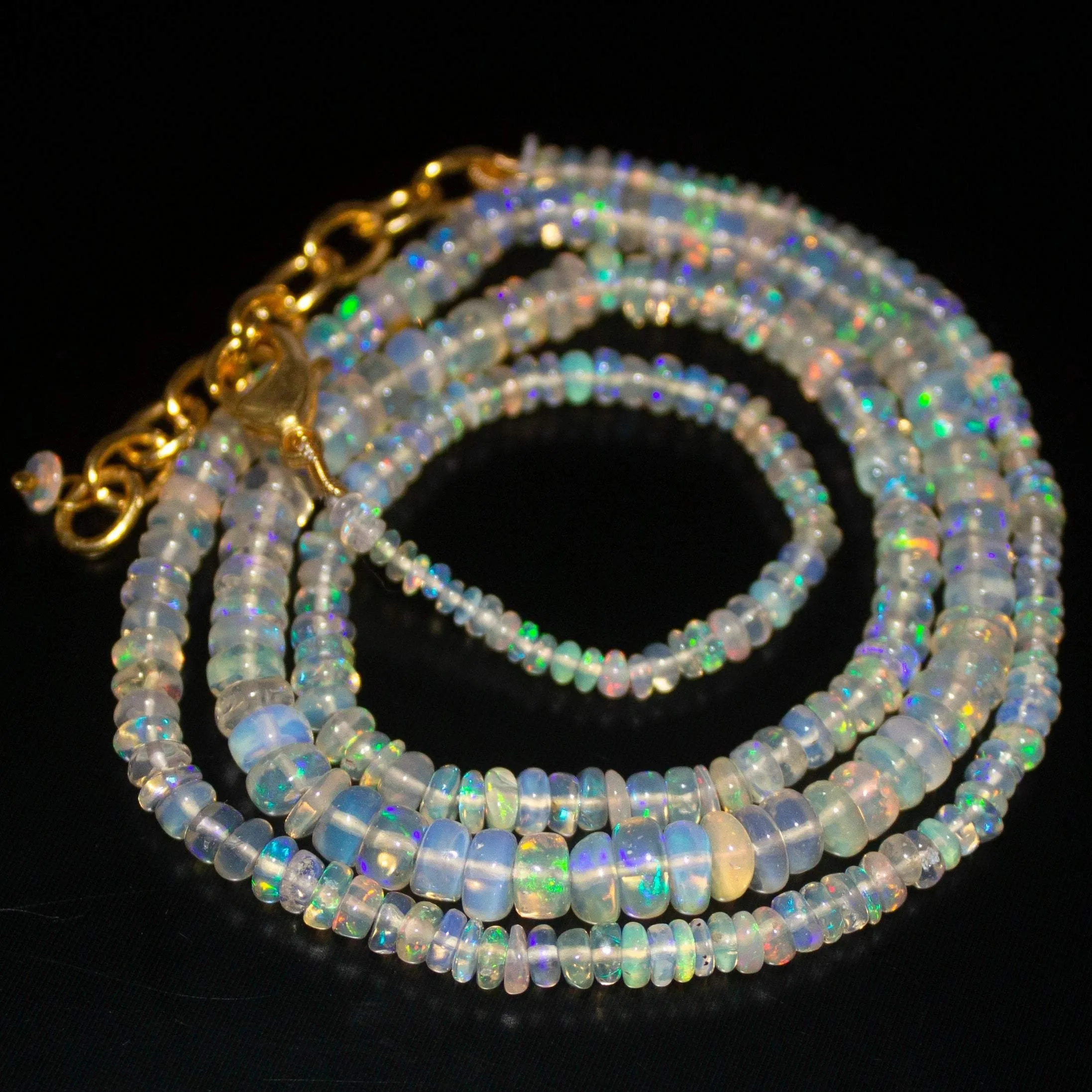 Ready to Wear - Natural Ethiopian Opal Smooth Rondelle Loose Gemstone Beads Sterling Silver Vermeil Necklace 20 inches, 3-5mm