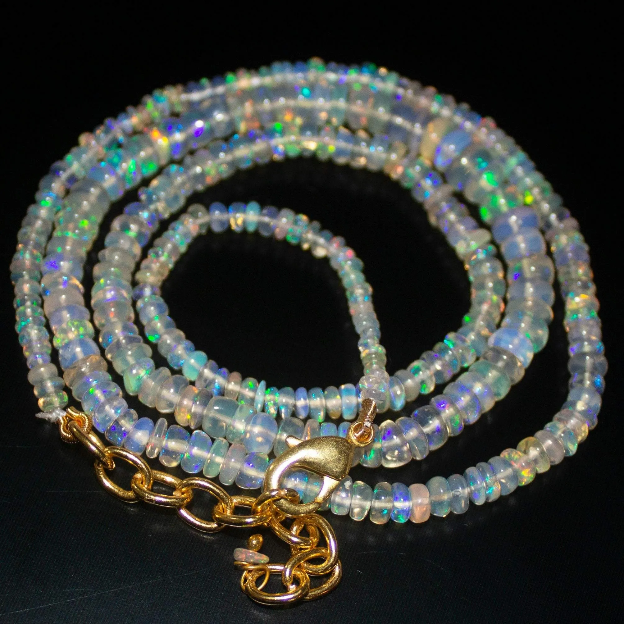 Ready to Wear - Natural Ethiopian Opal Smooth Rondelle Loose Gemstone Beads Sterling Silver Vermeil Necklace 20 inches, 3-5mm