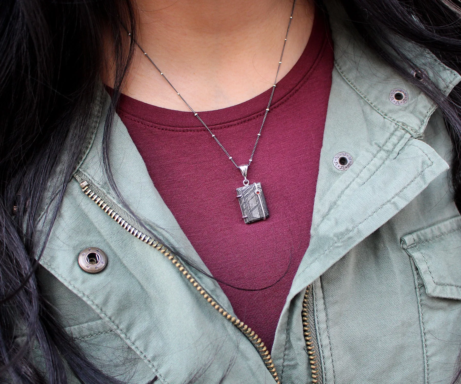 Rectangular Offset Garnet Meteorite Necklace