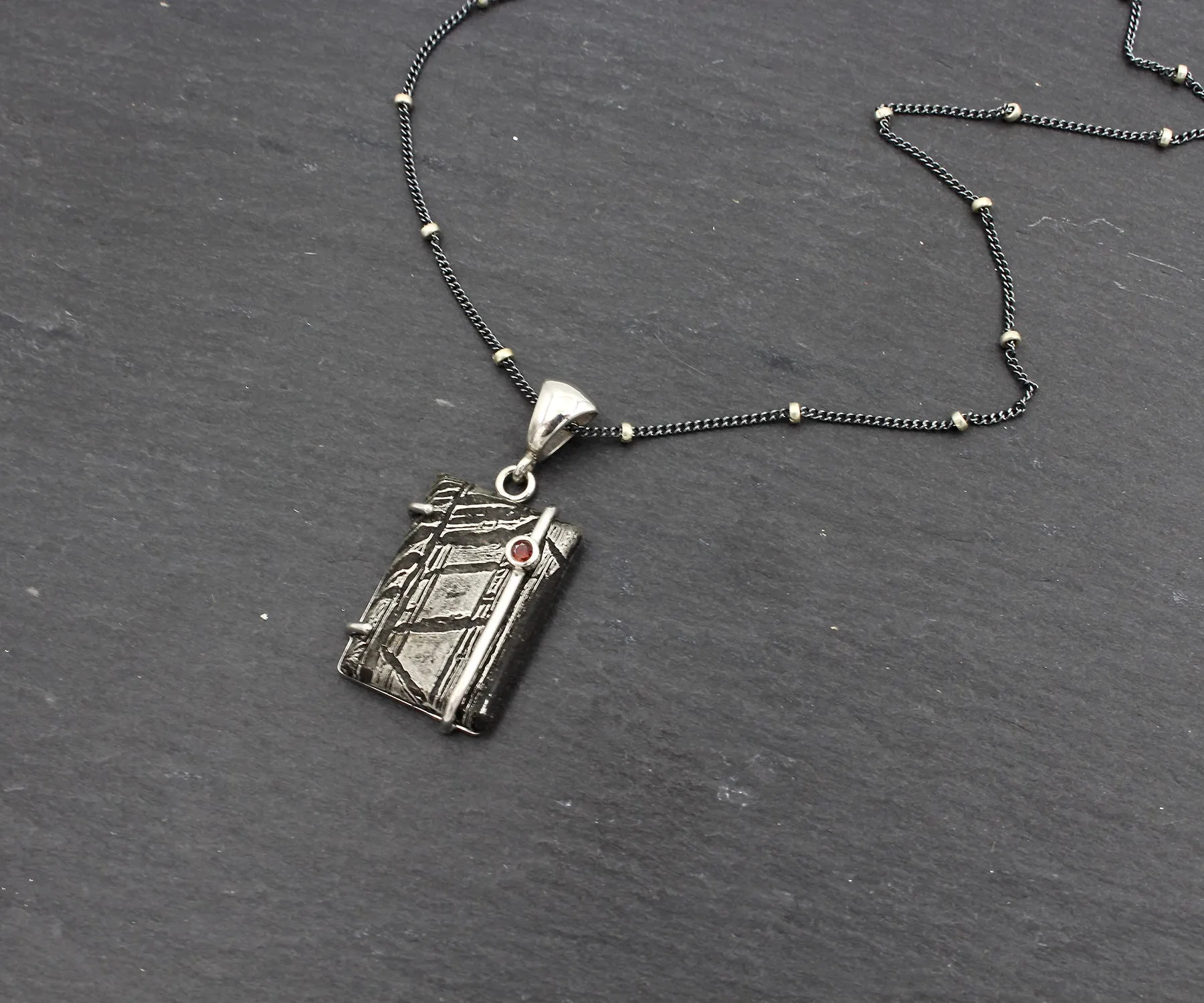 Rectangular Offset Garnet Meteorite Necklace
