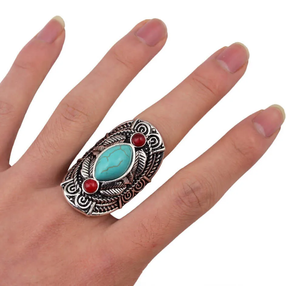 Red Jasper Turquoise Tribal Ring