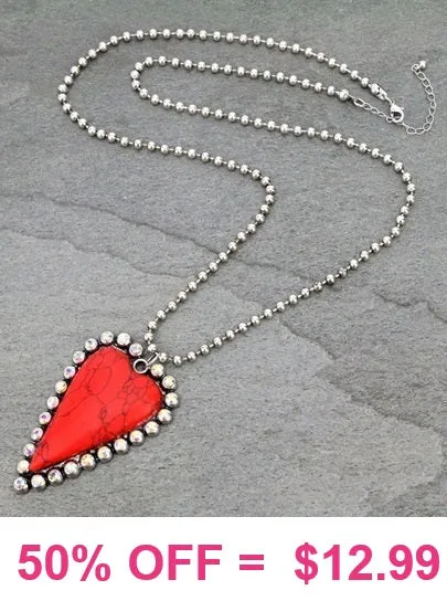 Red Stone Heart Bling Pendant Silver Ball Chain Necklace