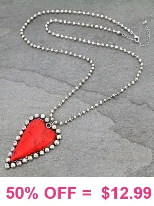 Red Stone Heart Bling Pendant Silver Ball Chain Necklace