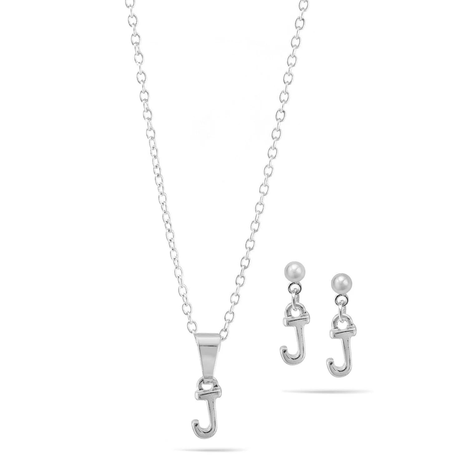 RHODIUM "J" SMALL PENDANT SHORT NECKLACE AND EARRINGS SET #SWKK-11768JRHO (TD17)