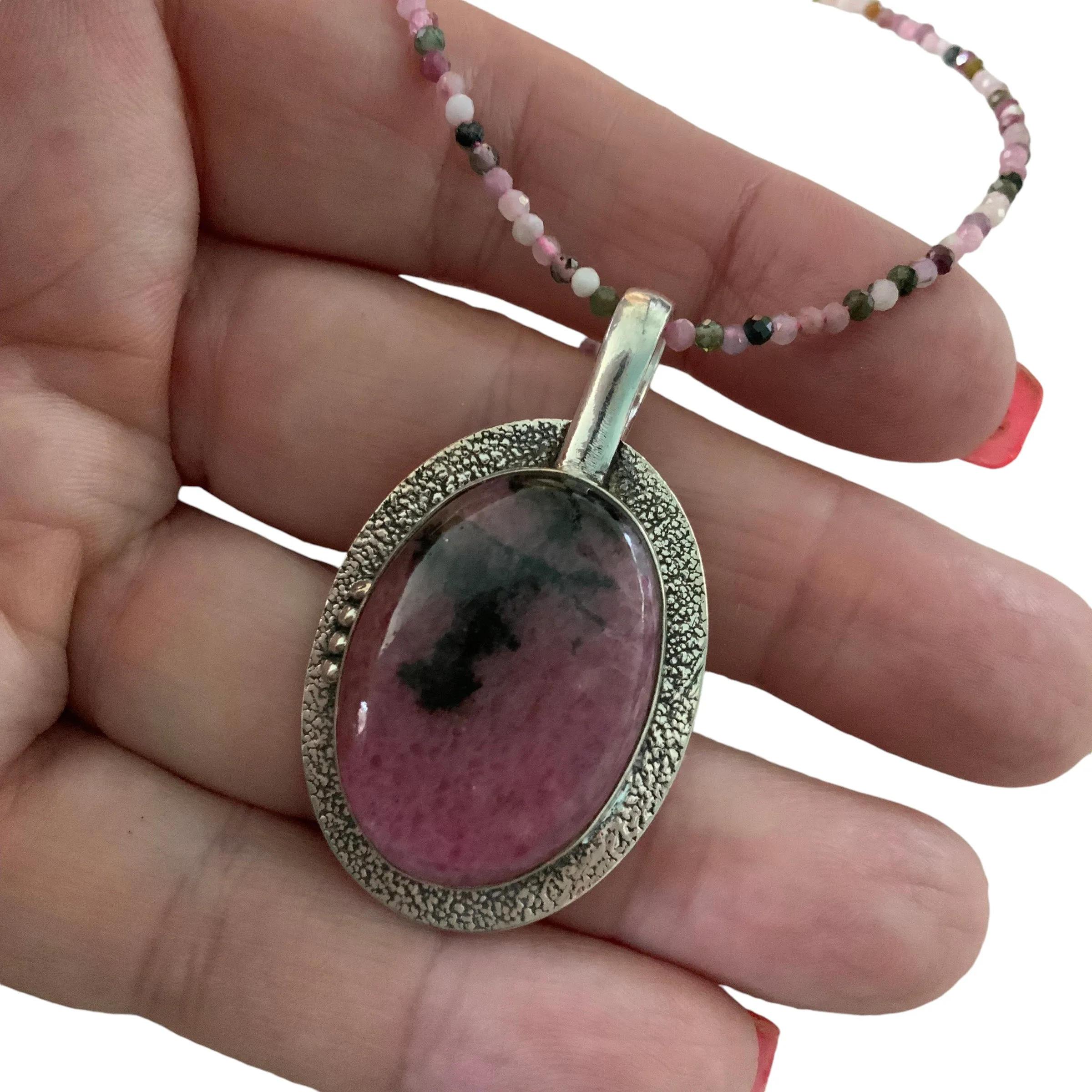 Rhodonite Solid 925 Sterling Silver Pendant Necklace