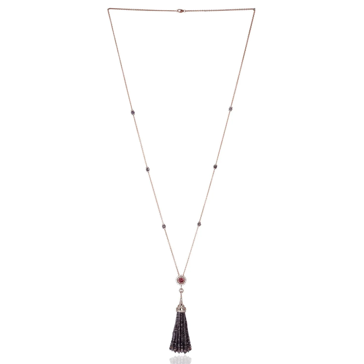 Round Pink Tourmaline Faceted Ice Diamond Beads Tassel Matinee Necklace In Rose Gold Wedding Gift