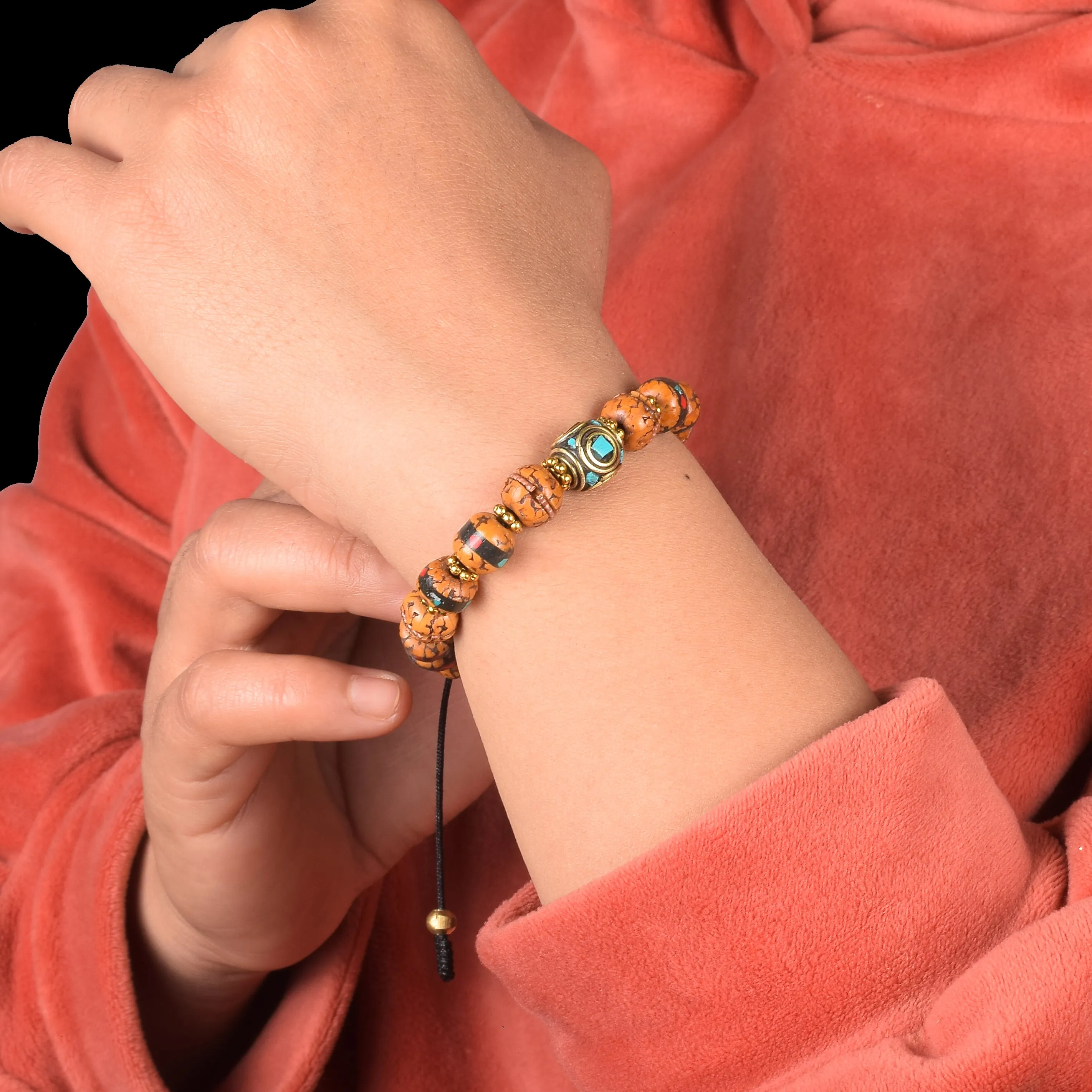 Rudraksha Bracelet with Turquoise & Coral Inlaid