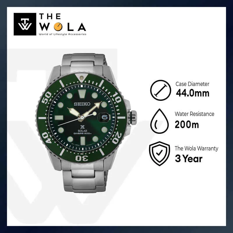 Seiko Prospex Men's Solar Divers Watch SNE579P | Silver Stainless Steel Band with Green Dial