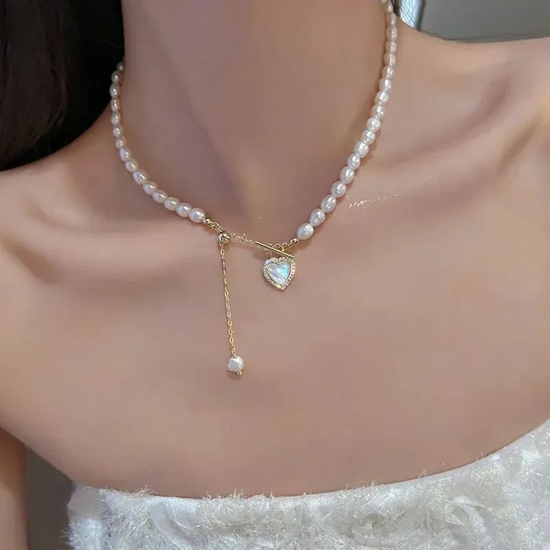 Shell Heart Imitation Pearls Necklace Women Handmade 6mm Stone Beaded Necklace For Women Jewelry Gift