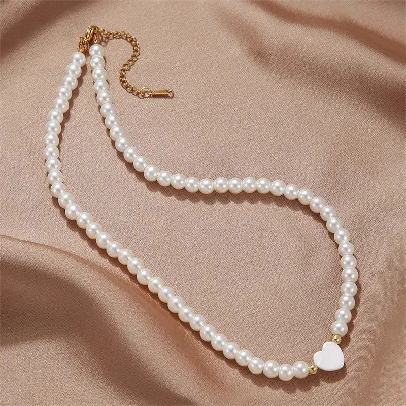 Shell Heart Imitation Pearls Necklace Women Handmade 6mm Stone Beaded Necklace For Women Jewelry Gift