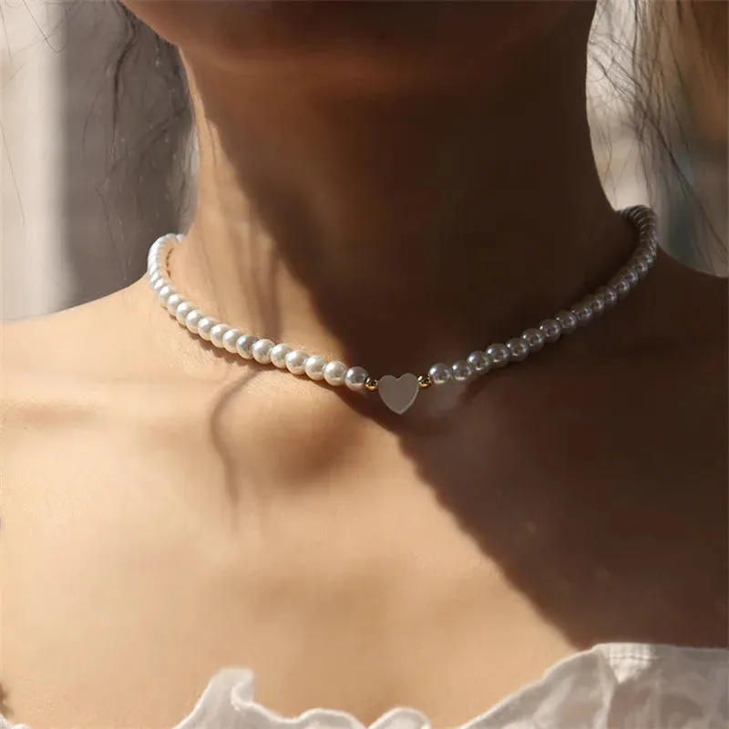 Shell Heart Imitation Pearls Necklace Women Handmade 6mm Stone Beaded Necklace For Women Jewelry Gift