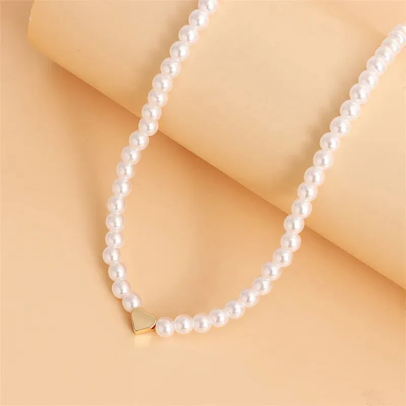Shell Heart Imitation Pearls Necklace Women Handmade 6mm Stone Beaded Necklace For Women Jewelry Gift