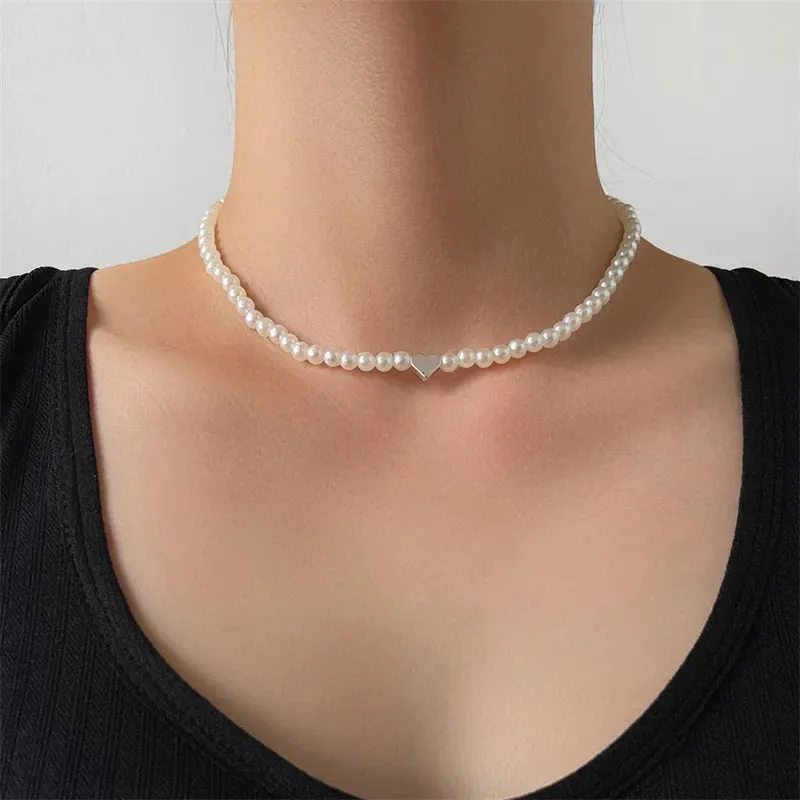 Shell Heart Imitation Pearls Necklace Women Handmade 6mm Stone Beaded Necklace For Women Jewelry Gift