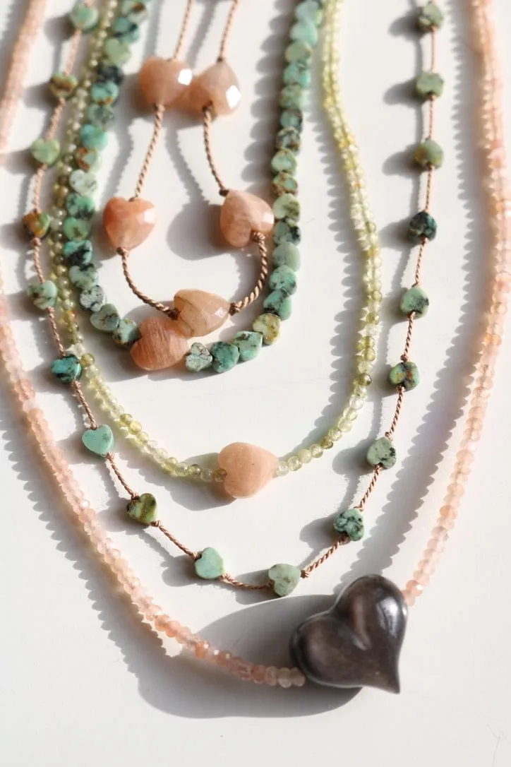SILVER SHEEN OBSIDIAN HEART   PEACH MOONSTONE OM NECKLACE
