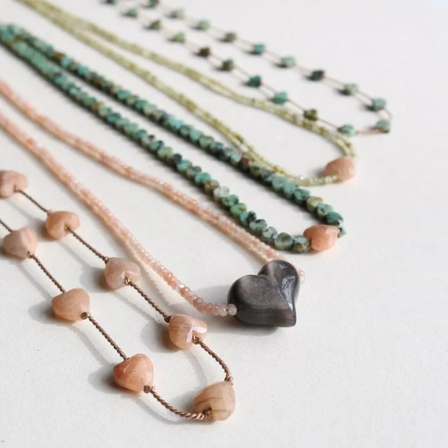 SILVER SHEEN OBSIDIAN HEART   PEACH MOONSTONE OM NECKLACE