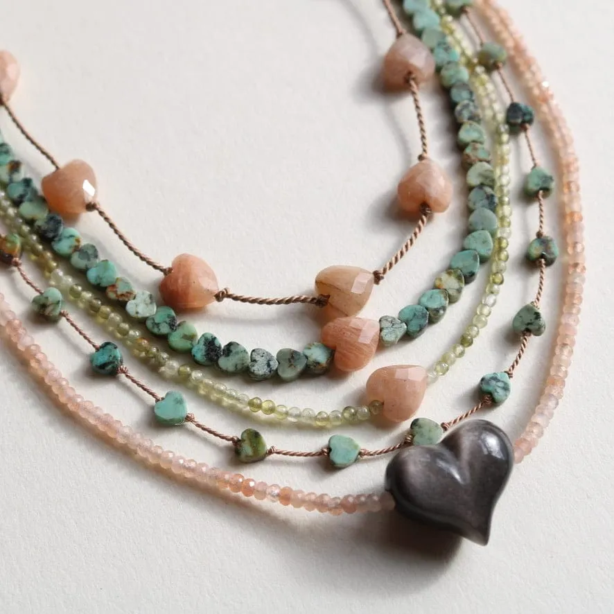 SILVER SHEEN OBSIDIAN HEART   PEACH MOONSTONE OM NECKLACE