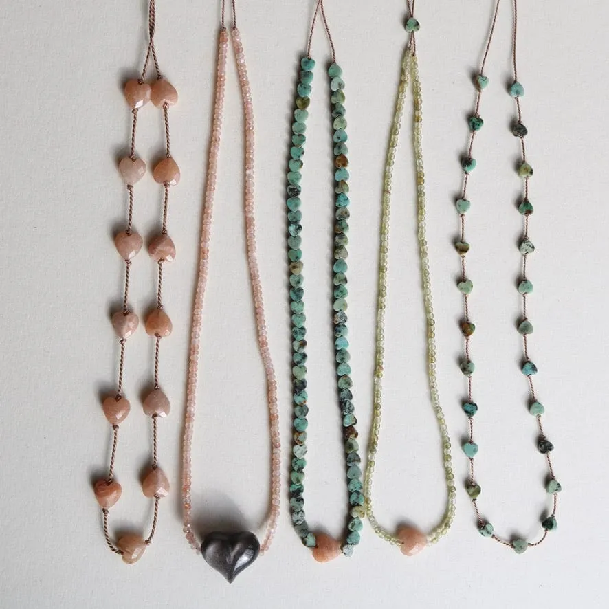 SILVER SHEEN OBSIDIAN HEART   PEACH MOONSTONE OM NECKLACE