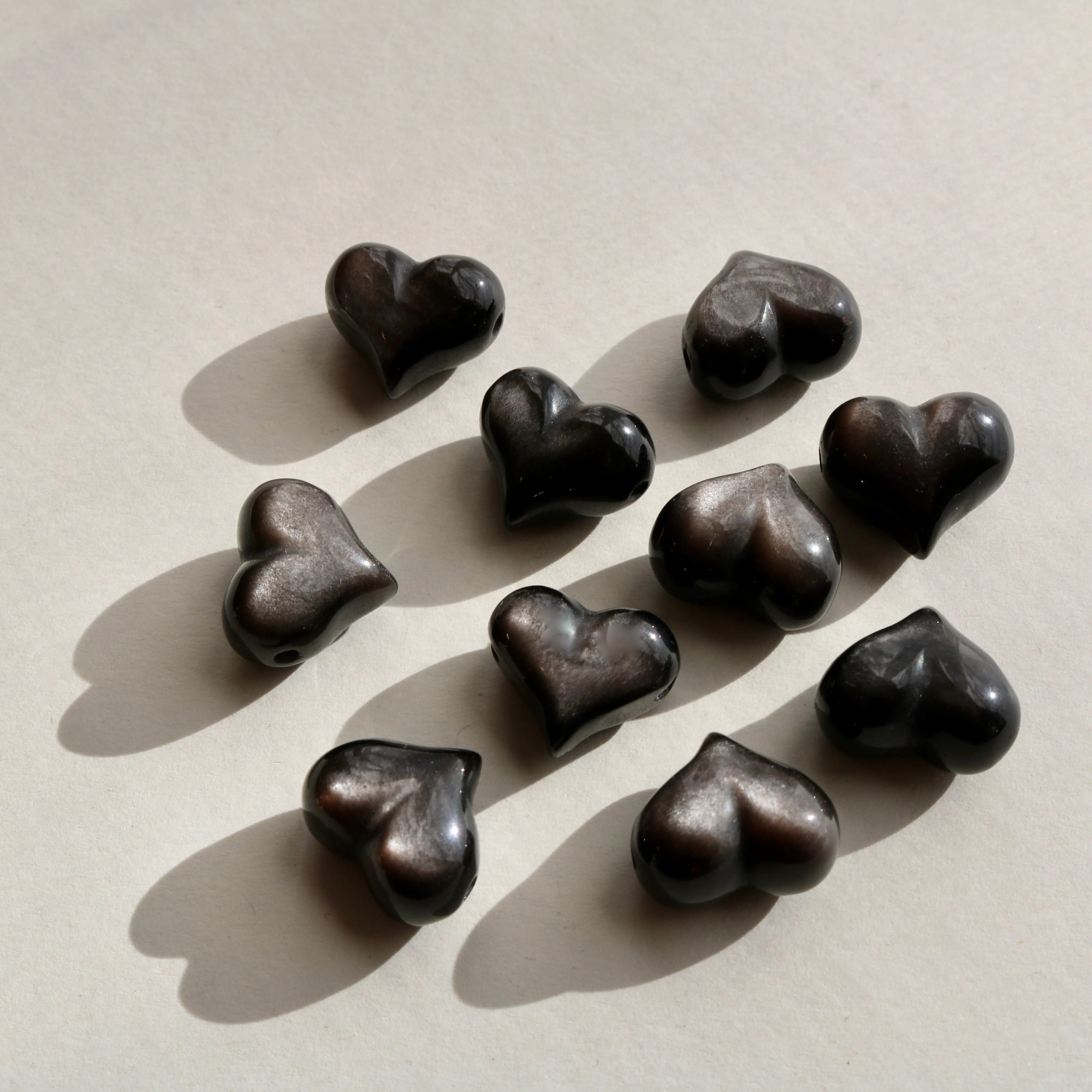 SILVER SHEEN OBSIDIAN HEART   PEACH MOONSTONE OM NECKLACE