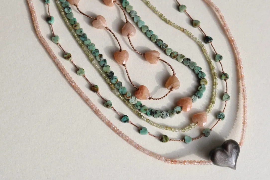 SILVER SHEEN OBSIDIAN HEART   PEACH MOONSTONE OM NECKLACE