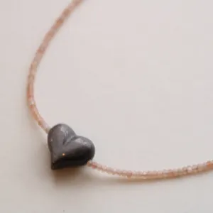 SILVER SHEEN OBSIDIAN HEART   PEACH MOONSTONE OM NECKLACE