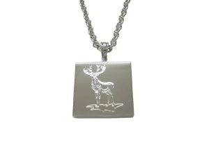 Silver Toned Etched Full Stag Deer Pendant Necklace