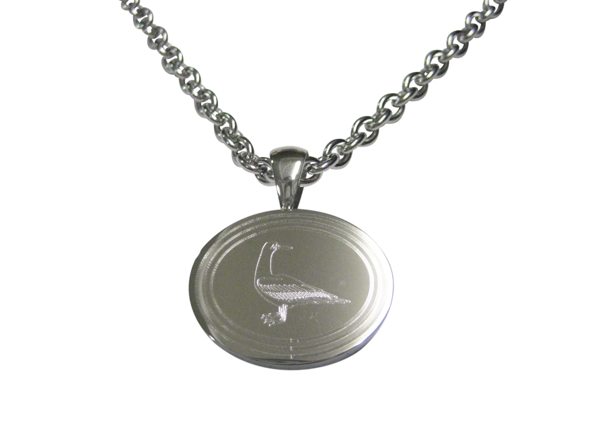 Silver Toned Etched Oval Seagull Bird Pendant Necklace