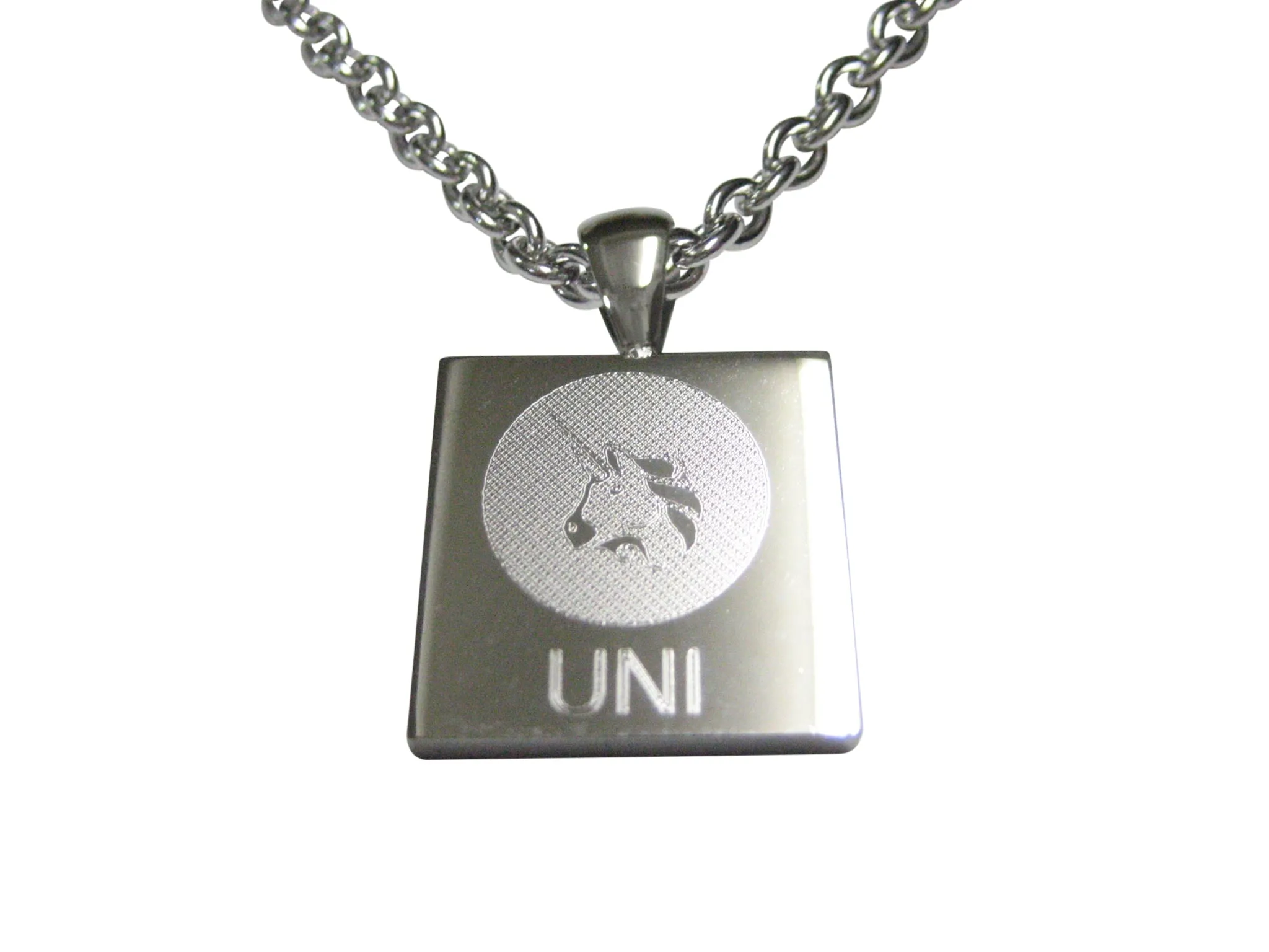 Silver Toned Square Etched Uniswap Coin Cryptocurrency Blockchain Pendant Necklace