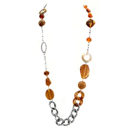 SILVER-TORTOISE BROWN MULTI BEADED SILVER CHAIN LONG NECKLACE  #SC32314_SIL_OX-TORT (MC8/R-BH9)