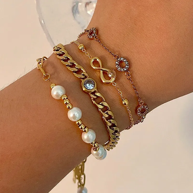 Simple Style Geometric 304 Stainless Steel 18K Gold Plated Artificial Pearls Zircon Bracelets