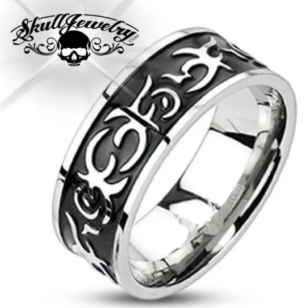 Size #12 - 'Tribal Tattoo' Stainless Steel Ring (c070)