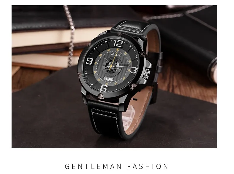 SMAEL Watch Men Fashion Sport Calendar Quartz Wrist Watch Classic Black Leather Waterproof Watches Luxury Military Male Clock