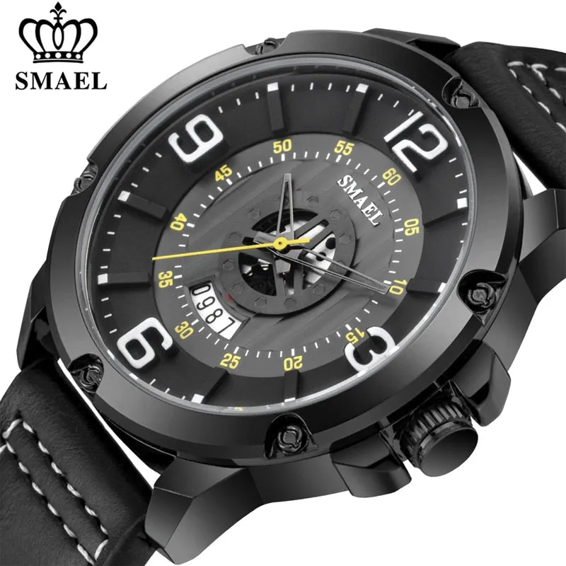 SMAEL Watch Men Fashion Sport Calendar Quartz Wrist Watch Classic Black Leather Waterproof Watches Luxury Military Male Clock