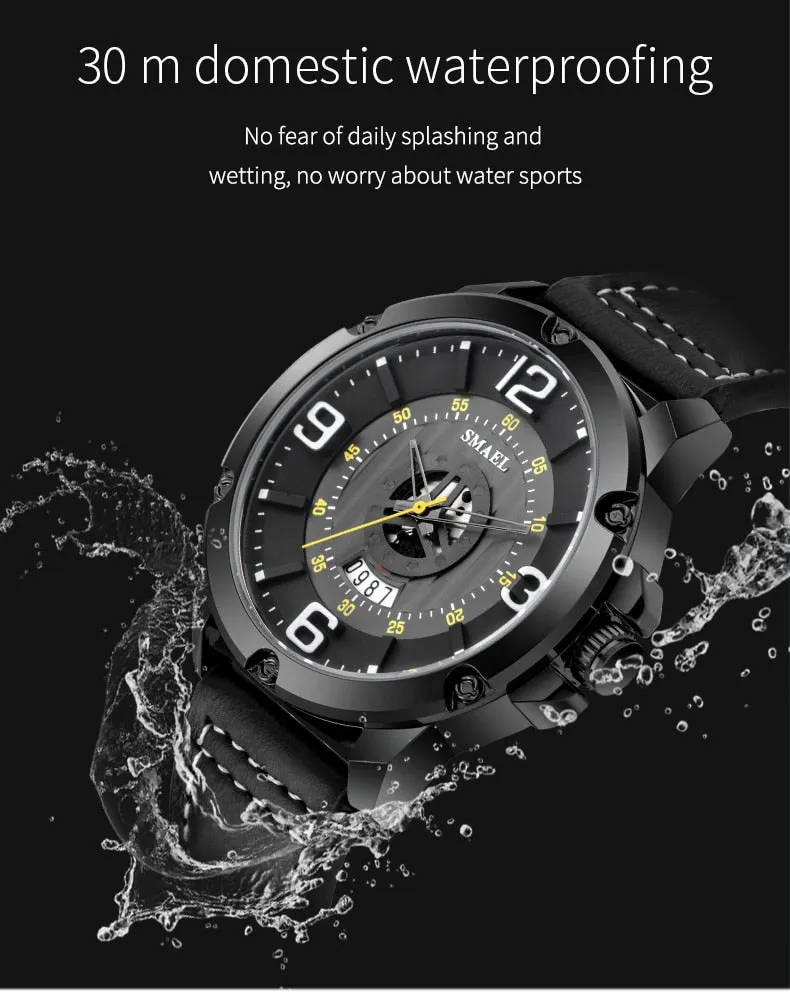 SMAEL Watch Men Fashion Sport Calendar Quartz Wrist Watch Classic Black Leather Waterproof Watches Luxury Military Male Clock