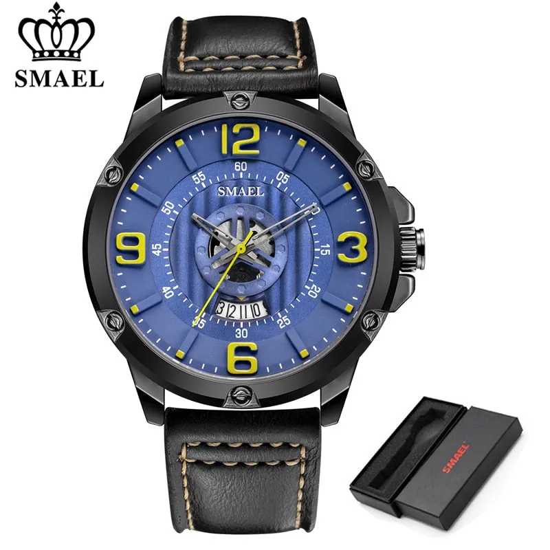 SMAEL Watch Men Fashion Sport Calendar Quartz Wrist Watch Classic Black Leather Waterproof Watches Luxury Military Male Clock