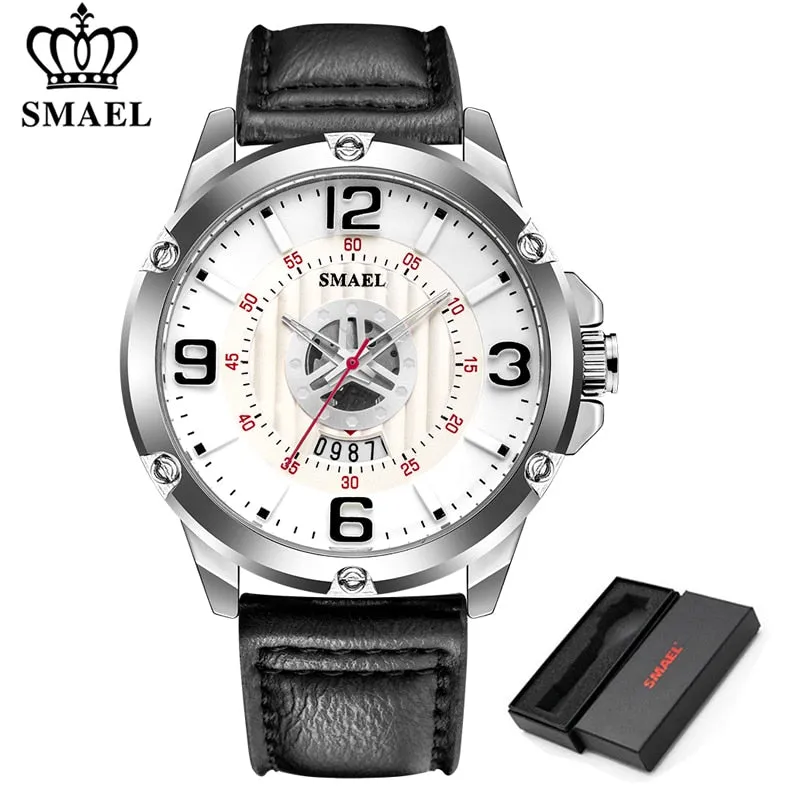 SMAEL Watch Men Fashion Sport Calendar Quartz Wrist Watch Classic Black Leather Waterproof Watches Luxury Military Male Clock