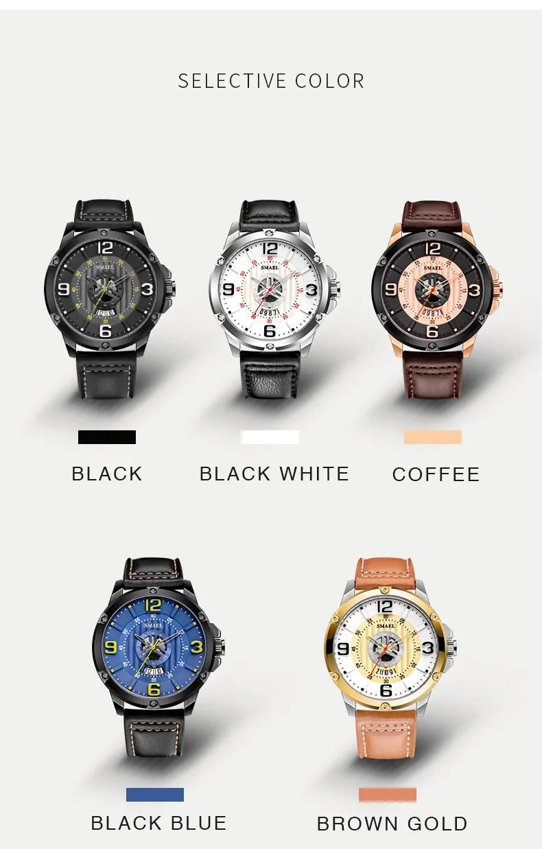 SMAEL Watch Men Fashion Sport Calendar Quartz Wrist Watch Classic Black Leather Waterproof Watches Luxury Military Male Clock