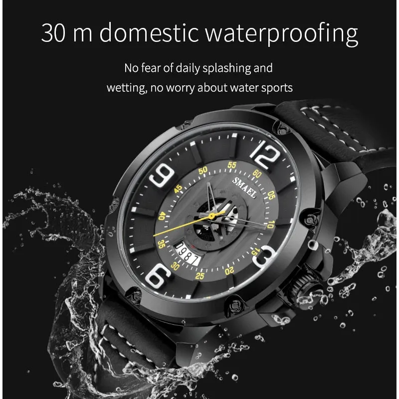 SMAEL Watch Men Fashion Sport Calendar Quartz Wrist Watch Classic Black Leather Waterproof Watches Luxury Military Male Clock