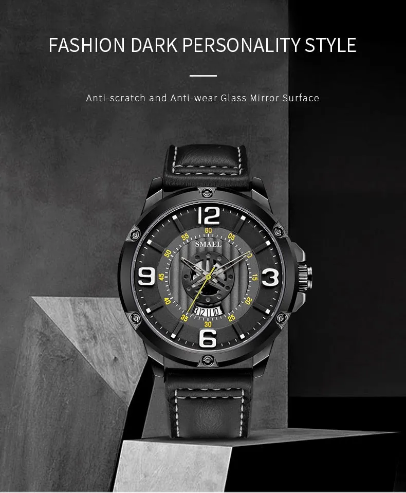 SMAEL Watch Men Fashion Sport Calendar Quartz Wrist Watch Classic Black Leather Waterproof Watches Luxury Military Male Clock