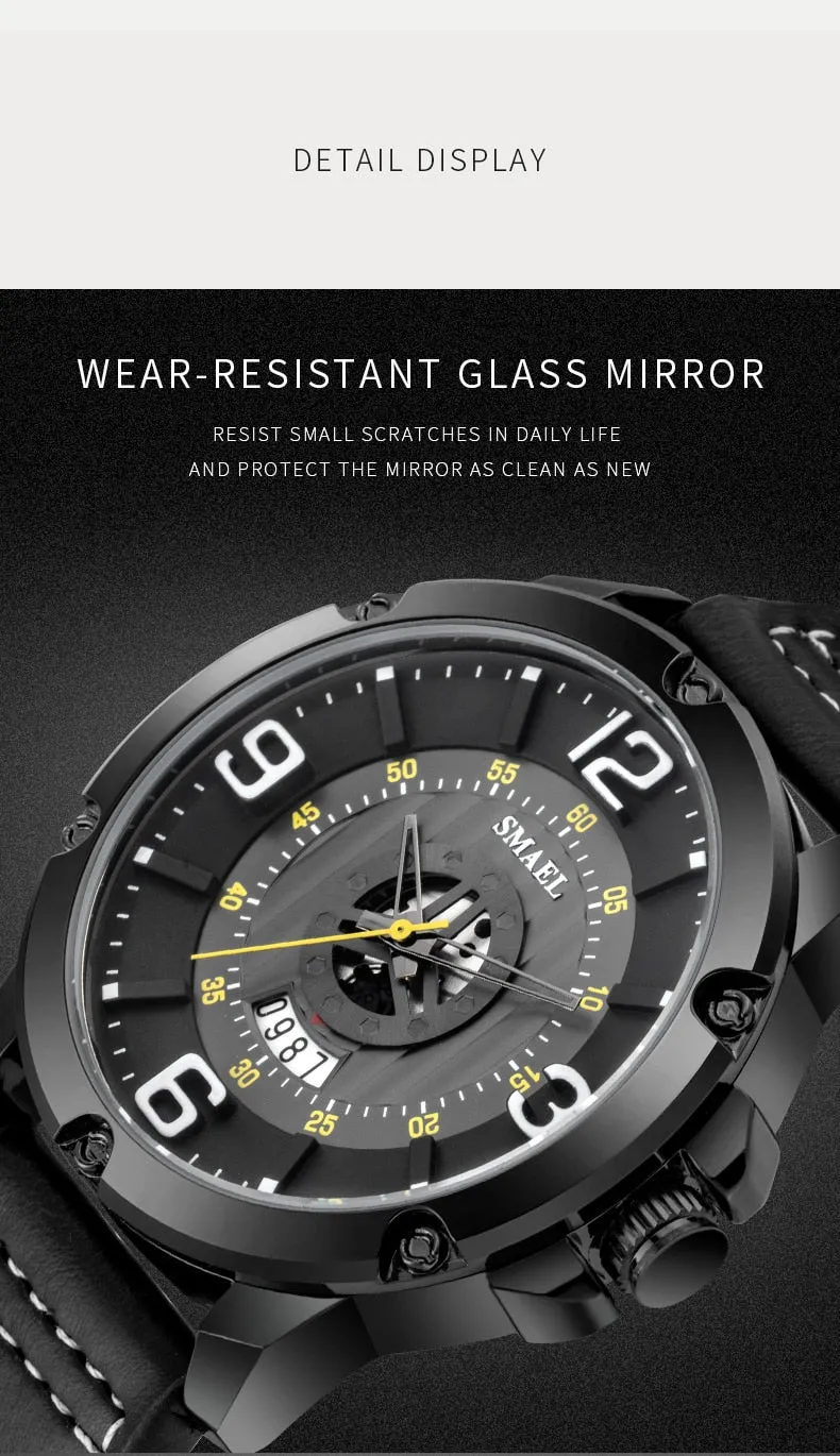 SMAEL Watch Men Fashion Sport Calendar Quartz Wrist Watch Classic Black Leather Waterproof Watches Luxury Military Male Clock