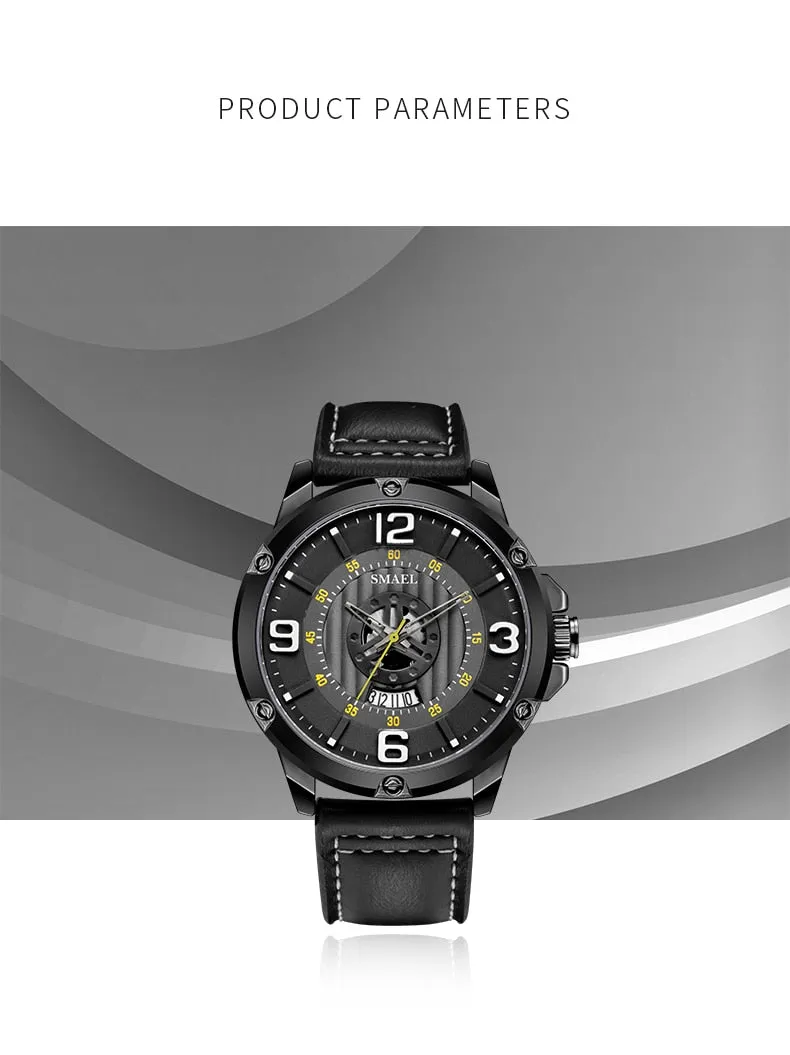 SMAEL Watch Men Fashion Sport Calendar Quartz Wrist Watch Classic Black Leather Waterproof Watches Luxury Military Male Clock