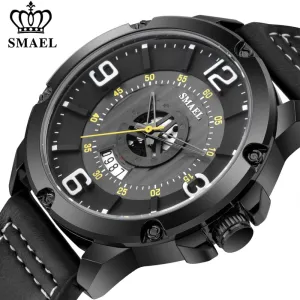 SMAEL Watch Men Fashion Sport Calendar Quartz Wrist Watch Classic Black Leather Waterproof Watches Luxury Military Male Clock