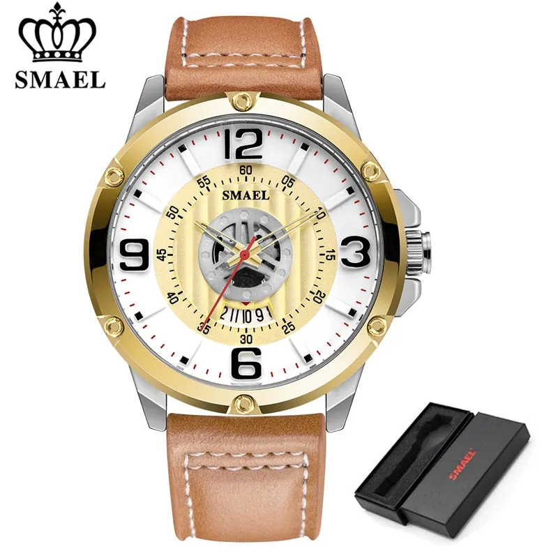 SMAEL Watch Men Fashion Sport Calendar Quartz Wrist Watch Classic Black Leather Waterproof Watches Luxury Military Male Clock