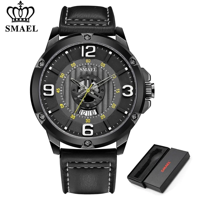 SMAEL Watch Men Fashion Sport Calendar Quartz Wrist Watch Classic Black Leather Waterproof Watches Luxury Military Male Clock