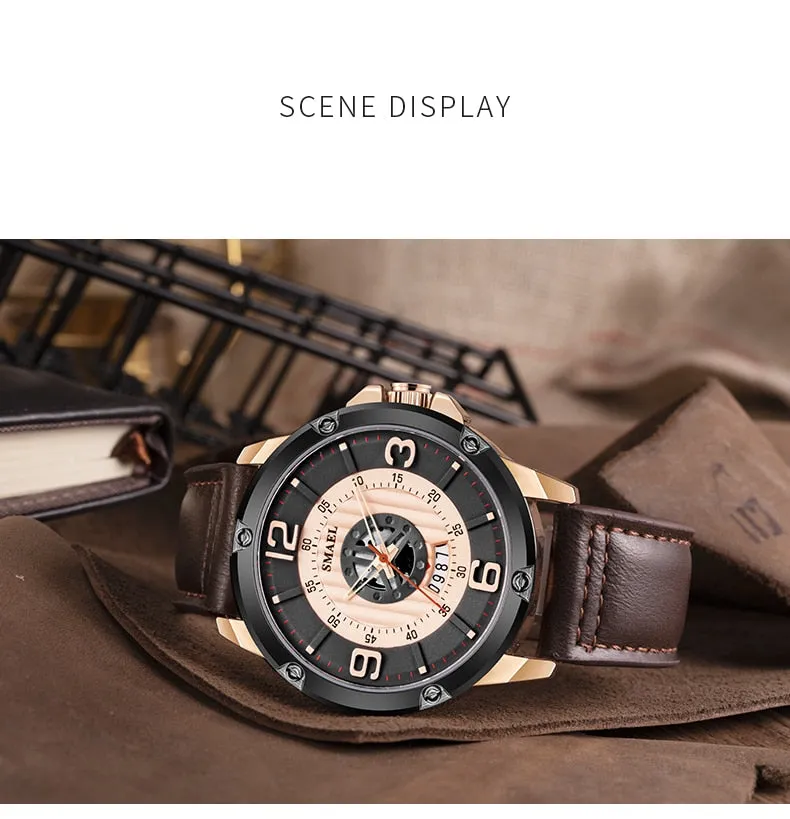 SMAEL Watch Men Fashion Sport Calendar Quartz Wrist Watch Classic Black Leather Waterproof Watches Luxury Military Male Clock
