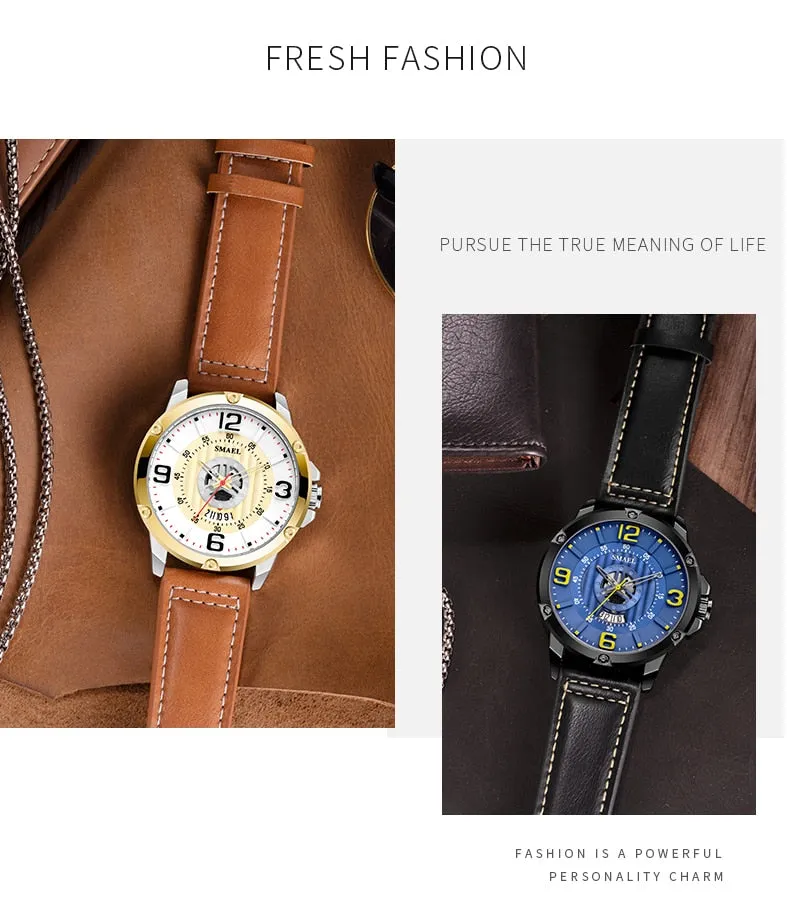 SMAEL Watch Men Fashion Sport Calendar Quartz Wrist Watch Classic Black Leather Waterproof Watches Luxury Military Male Clock