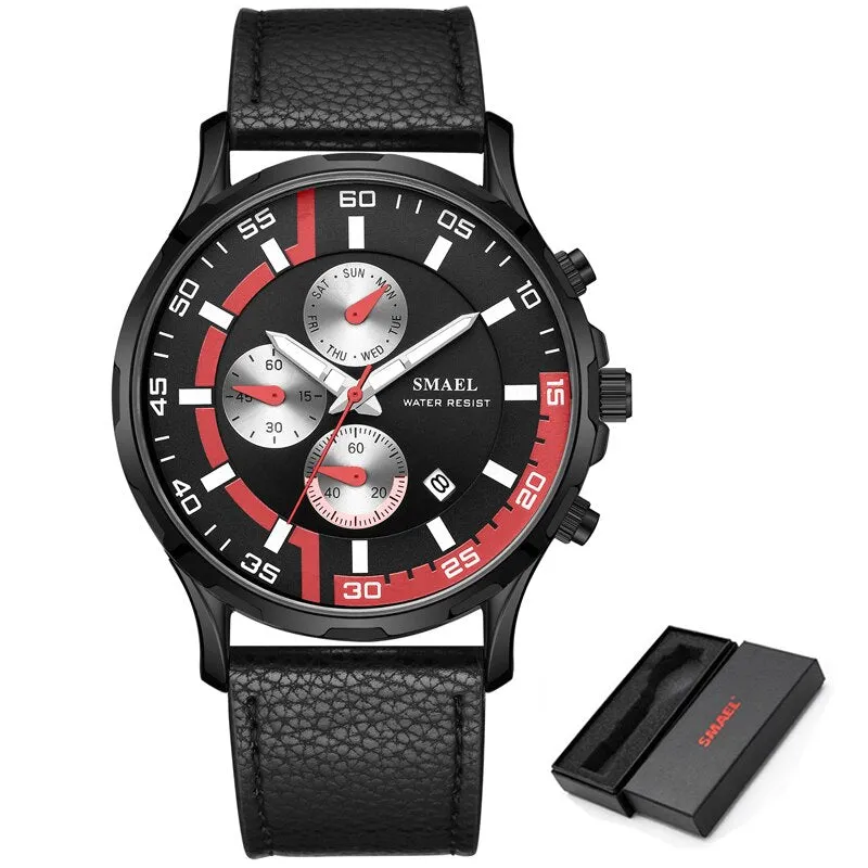SMAEL Waterproof Men Watches Top Brand Luxury Sport Chronograph Quartz Watch Men Fashion Leather Date Clock Relogio Masculino
