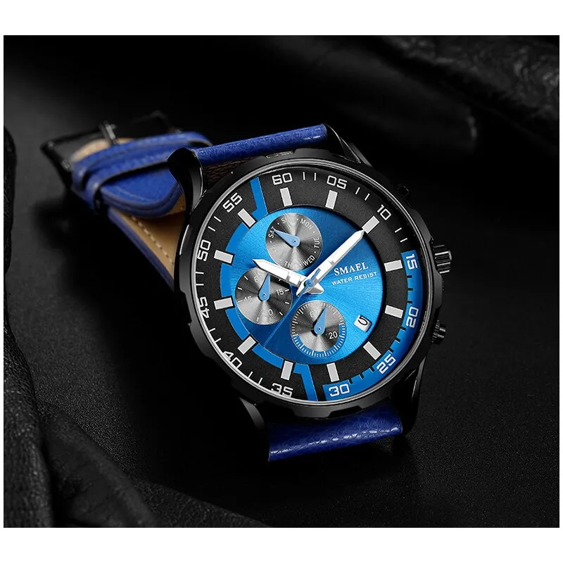 SMAEL Waterproof Men Watches Top Brand Luxury Sport Chronograph Quartz Watch Men Fashion Leather Date Clock Relogio Masculino