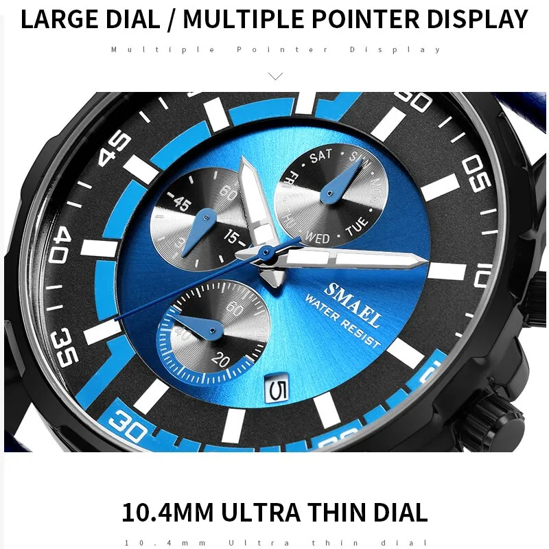 SMAEL Waterproof Men Watches Top Brand Luxury Sport Chronograph Quartz Watch Men Fashion Leather Date Clock Relogio Masculino